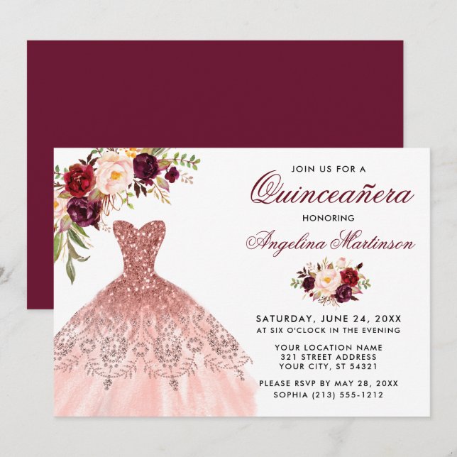 Burgundy Floral Pink Glitzer Kleid Quinceanera Einladung (Vorne/Hinten)