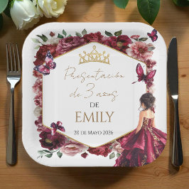 Burgundy Floral Presentación de 3 años Pappteller