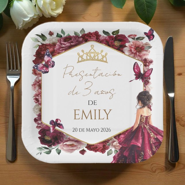 Burgundy Floral Presentación de 3 años Pappteller (Von Creator hochgeladen)