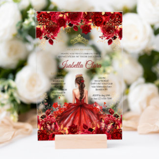 Burgundy Floral Princess Gold Quinceanera Acryleinladungen