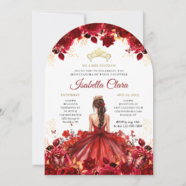 Burgundy Floral Princess Gold Quinceanera Invitati Einladung