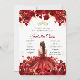 Burgundy Floral Princess Gold Quinceanera Invitati Einladung