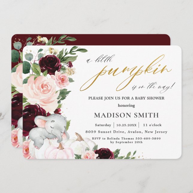 Burgundy Floral Pumpkin Elephant Baby Dusche in Einladung (Vorne/Hinten)
