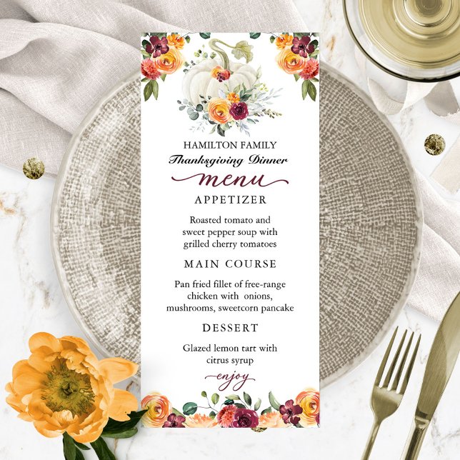 Burgundy Floral Pumpkin Erntedank Dinner Menu Menükarte (Von Creator hochgeladen)