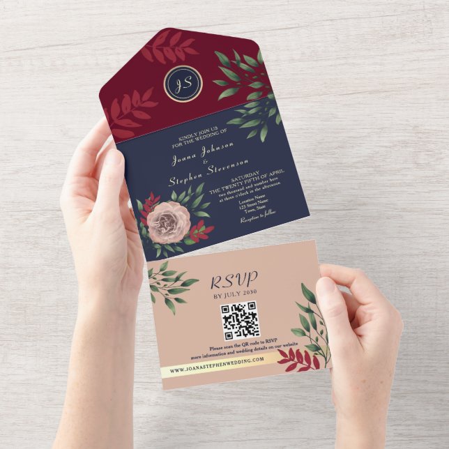 Burgundy Floral QR Code Wedding All In One Einladung (Abreißen)