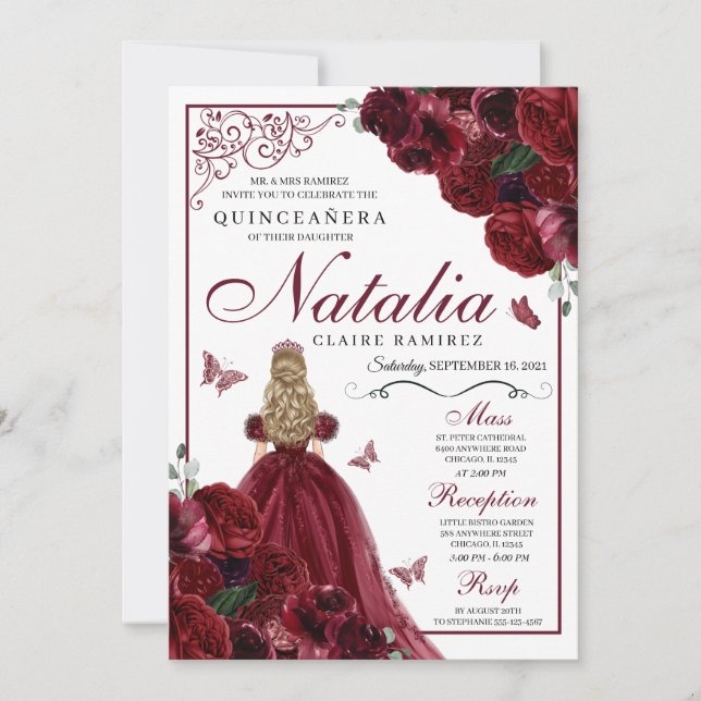 Burgundy Floral Quinceanera Geburtstagseinladung Einladung (Vorderseite)