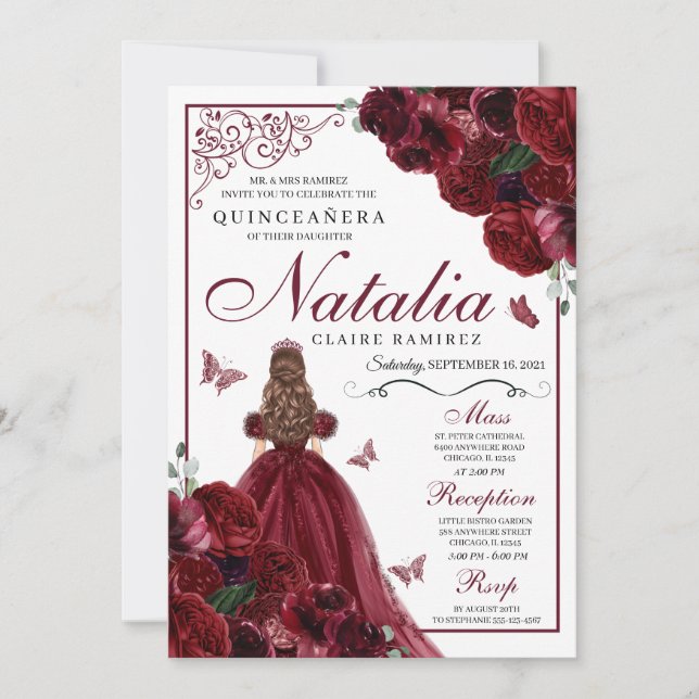 Burgundy Floral Quinceanera Geburtstagseinladung Einladung (Vorderseite)