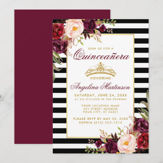 Burgundy Floral Quinceanera Gold Crosse Streifen Einladung