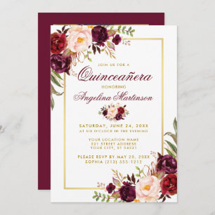 Burgundy Floral Quinceanera Gold Foto Zurück Einladung