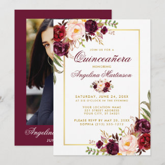 Burgundy Floral Quinceanera Gold Foto Zurück Einladung