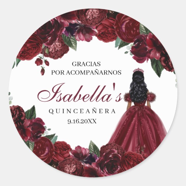 Burgundy Floral Quinceanera Round Stickers (Vorderseite)