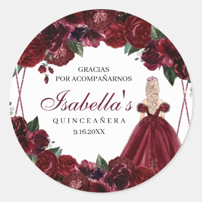 Burgundy Floral Quinceanera Round Stickers (Vorderseite)