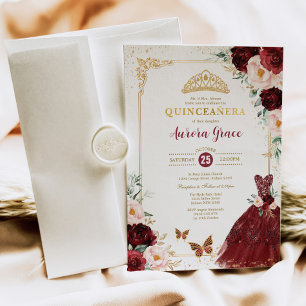 Burgundy Floral Quinceñera Prinzessin Mis Quince Einladung