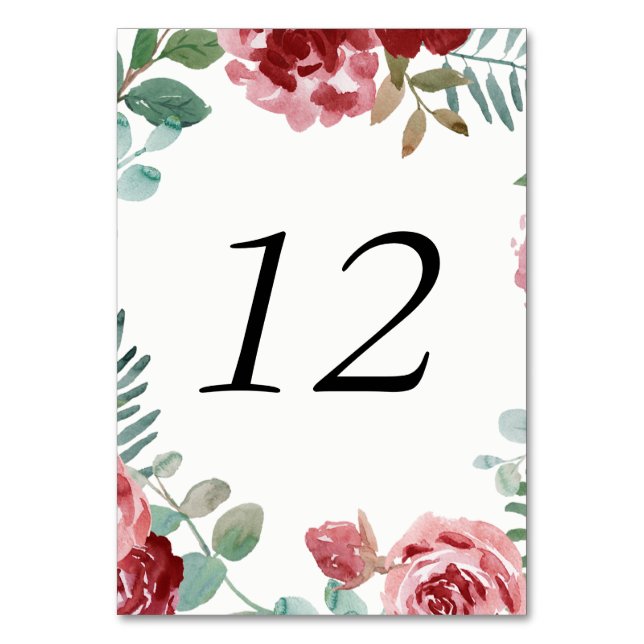 Burgundy Floral Rose Foliage Tischnummer Cards (Vorderseite)