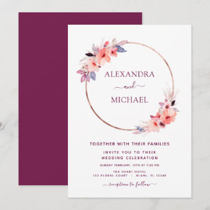 Burgundy Floral Rose Gold Geometric Wedding Einladung