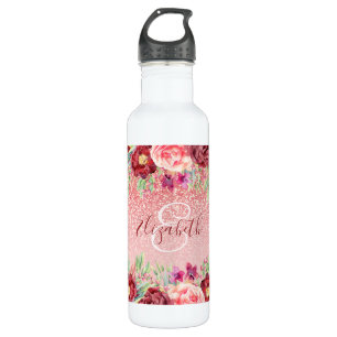 Burgundy Floral Rose Gold Glitzer Personalisiert Edelstahlflasche