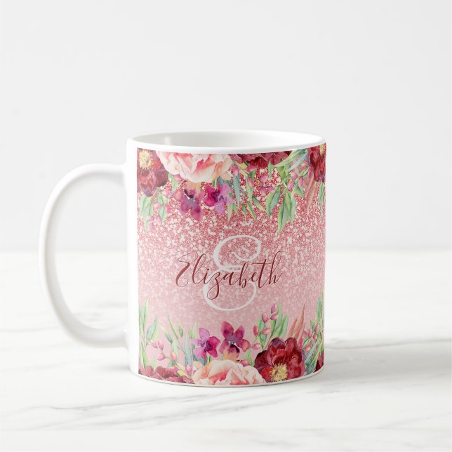 Burgundy Floral Rose Gold Glitzer Personalisiert Kaffeetasse (Links)