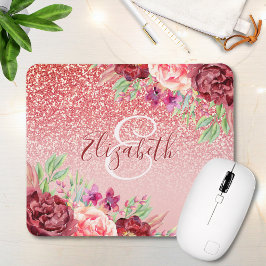 Burgundy Floral Rose Gold Glitzer Personalisiert Mousepad