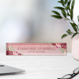 Burgundy Floral Rose Gold Glitzer Personalisiert Namensplakette