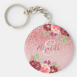 Burgundy Floral Rose Gold Glitzer Personalisiert Schlüsselanhänger