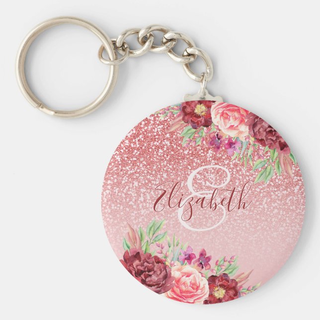 Burgundy Floral Rose Gold Glitzer Personalisiert Schlüsselanhänger (Vorne)