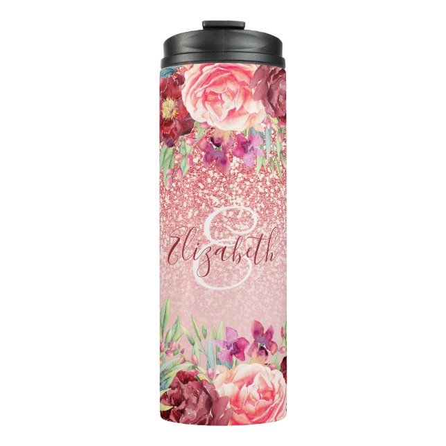 Burgundy Floral Rose Gold Glitzer Personalisiert Thermosbecher (Vorderseite)