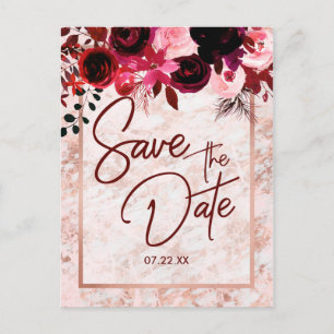 Burgundy Floral & Rose Gold Hochzeit speichern das Ankündigungspostkarte