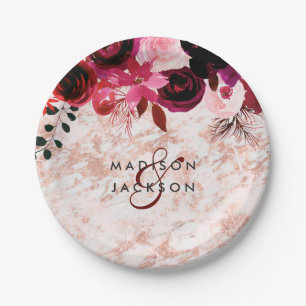 Burgundy Floral Rose Gold Marmor Wedding Monogram Pappteller