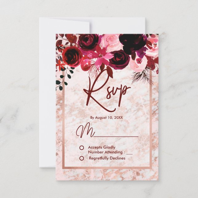 Burgundy Floral & Rose Gold marmorierte Hochzeit R RSVP Karte (Vorderseite)