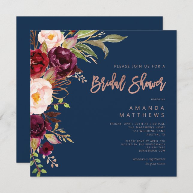 Burgundy Floral Rose Gold Navy Blue Brautparty Einladung (Vorne/Hinten)