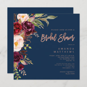 Burgundy Floral Rose Gold Navy Blue Brautparty Einladung