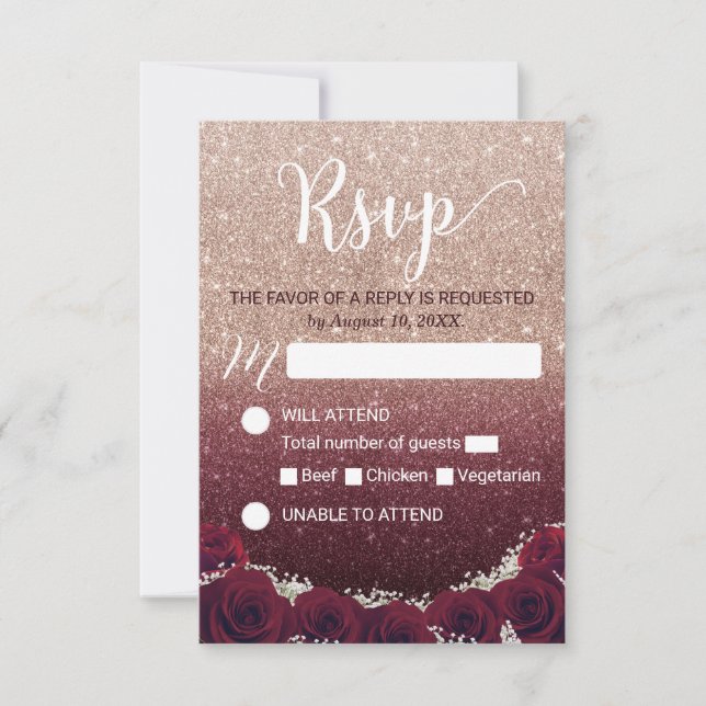Burgundy Floral Rose Gold Ombre Wedding RSVP (Vorderseite)