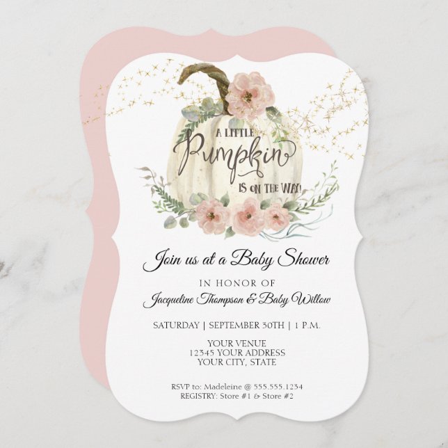 Burgundy Floral Rose Gold Pumpkin Baby Dusche Inv Einladung (Vorne/Hinten)