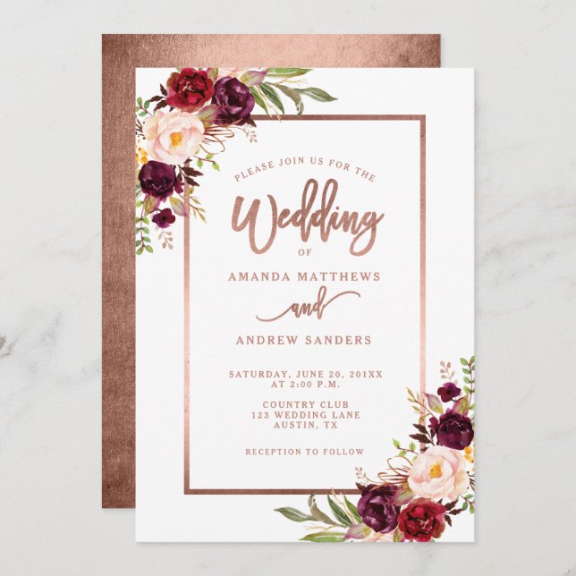 Burgundy Floral Rose Gold Script Wedding Einladung (Vorne/Hinten)
