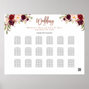 Burgundy Floral Rose Gold Wedding Chart Poster