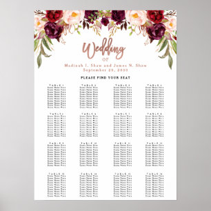 Burgundy Floral Rose Gold Wedding Chart Poster