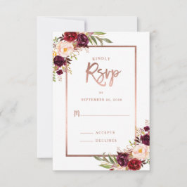 Burgundy Floral Rose Gold White Wedding RSVP