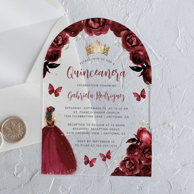 Burgundy Floral Rose Wasserfarbe Quinceañera Acryleinladungen (Von Creator hochgeladen)