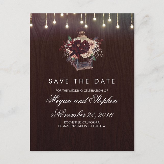 Burgundy Floral Rustic Lantern Save the Date Ankündigungspostkarte (Vorderseite)