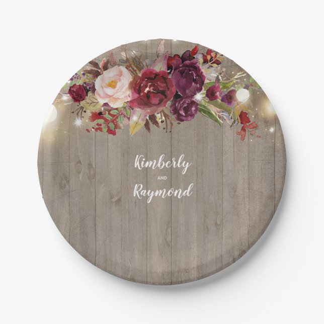Burgundy Floral Rustic Pappteller (Vorderseite)