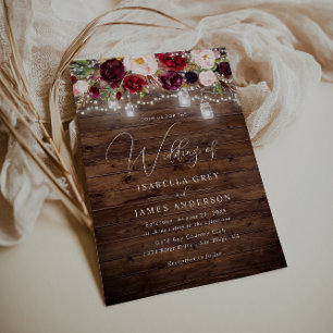 Burgundy Floral Rustic Wood Wedding Einladung
