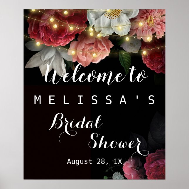 Burgundy Floral Rustikale Saitenleuchten Brautschi Poster (Vorne)