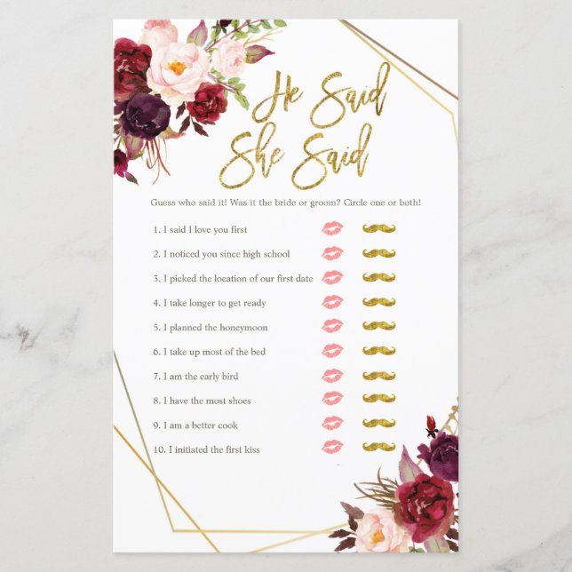 Burgundy Floral sagte sie sagte, sie habe Spielkar (Vorderseite)