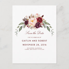 Burgundy Floral Save the Date Ankündigungspostkarte