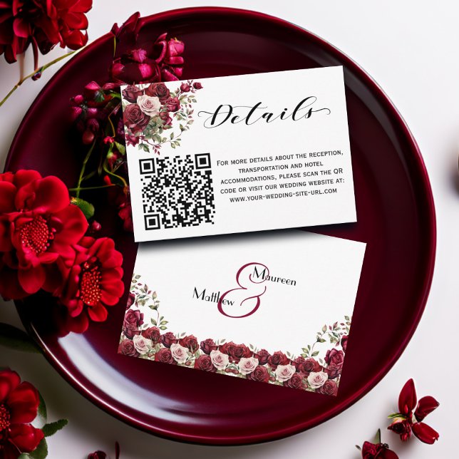 Burgundy Floral Script QR Code Hochzeitdetails Begleitkarte (Von Creator hochgeladen)