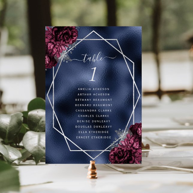Burgundy Floral Silver Frame Navy Foil Hochzeit Tischnummer (Von Creator hochgeladen)