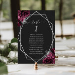 Burgundy Floral Silver Geo Rahmen Black Wedding Tischnummer<br><div class="desc">Diese moderne Hochzeitskarte besticht durch einen silbernen geometrischen Rahmen,  der mit bordeauxroten und silberfarbenen Blumenbouquets auf schwarzem Hintergrund dekoriert ist. Der anpassbare Text kombiniert silbergraue,  weißliche Handschrift,  Kupferplatte und kursiven Schriftart. Die Rückseite ist schwarz.</div>