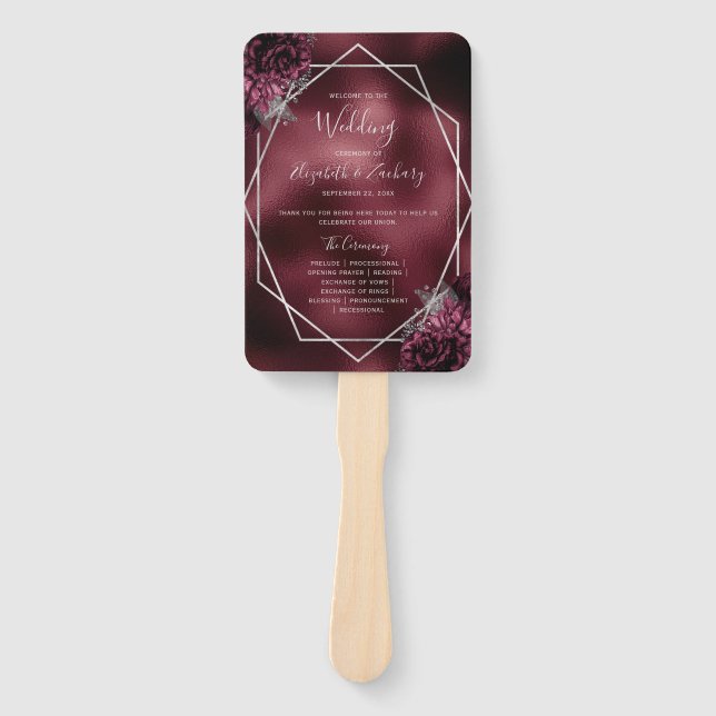 Burgundy Floral Silver Geometric Wedding Program Fächer (Vorderseite)