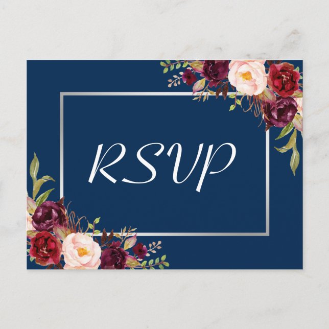 Burgundy Floral Silver Gray Navy Blue Wedding RSVP Einladungspostkarte (Vorderseite)