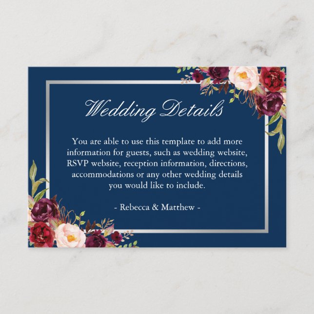 Burgundy Floral Silver Navy Blue Wedding Details Begleitkarte (Vorderseite)